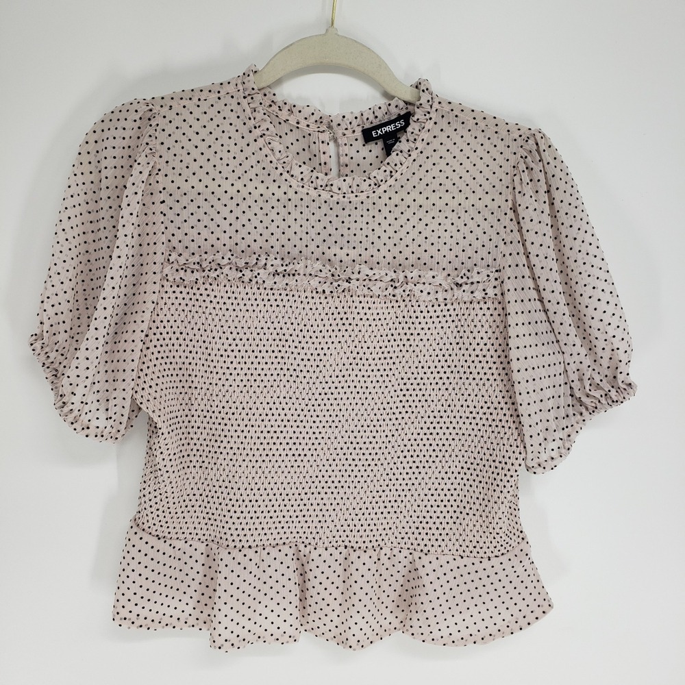 Express Polka Dot Smocked Peplum Top Blouse Women Large Pink Puff Sleeve Ruffle